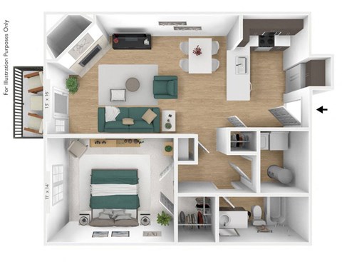 Floor plan for 1 bed, 1 bath, 757 sqft